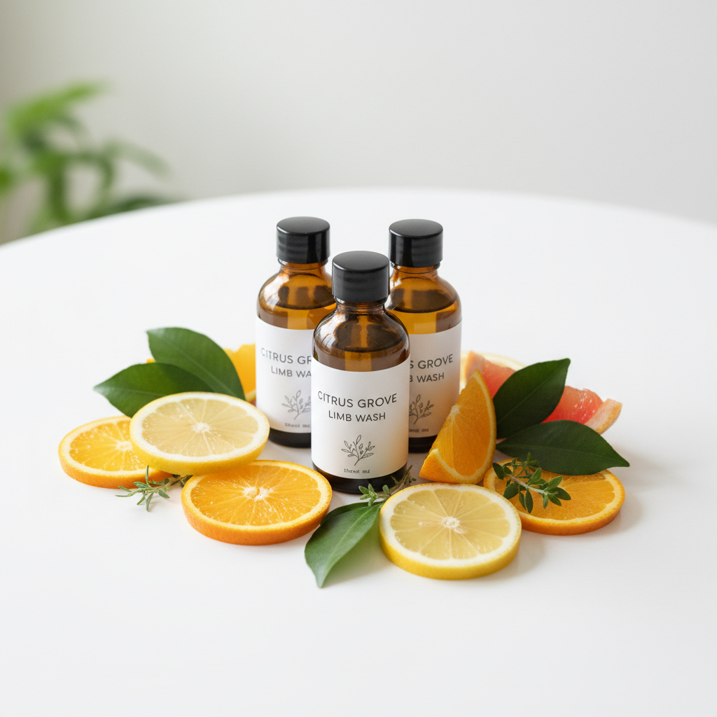 Three 15ml Citrus Grove Limb Wash bottles with fresh citrus slices