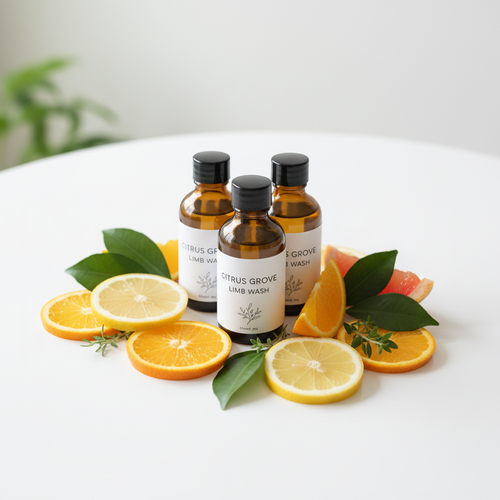 Three 15ml Citrus Grove Limb Wash bottles with fresh citrus slices