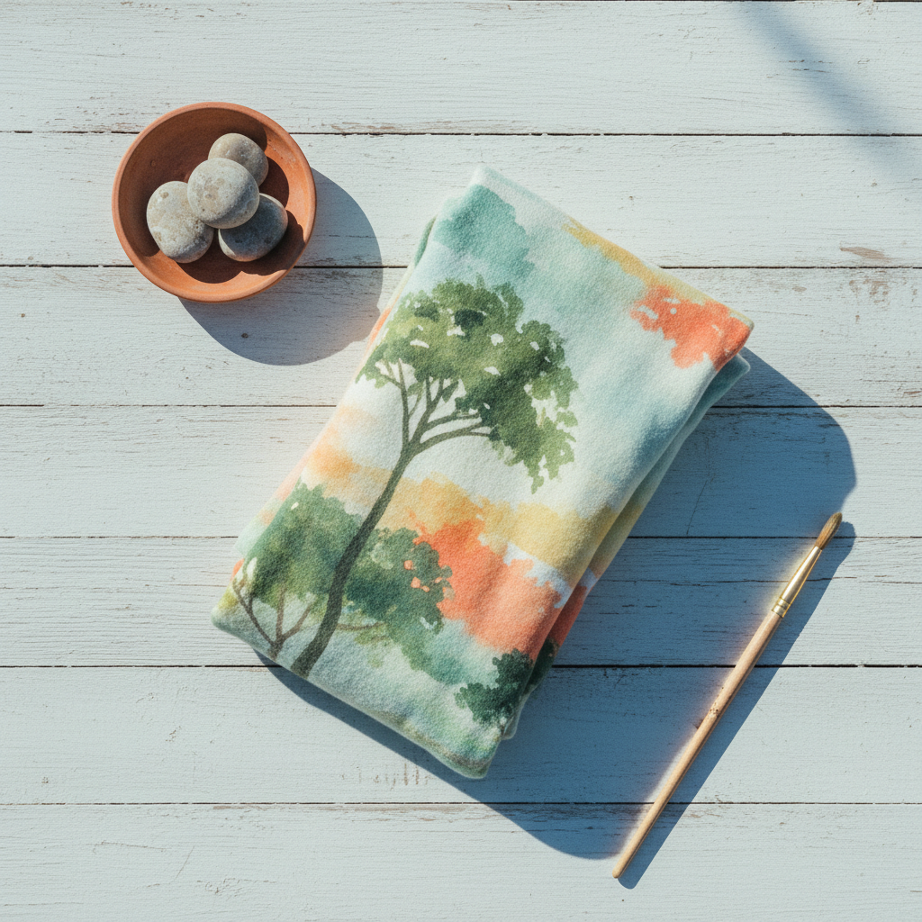 Hand-painted coastal knit prosthesis cover sleeve flat lay on sun-bleached wood
