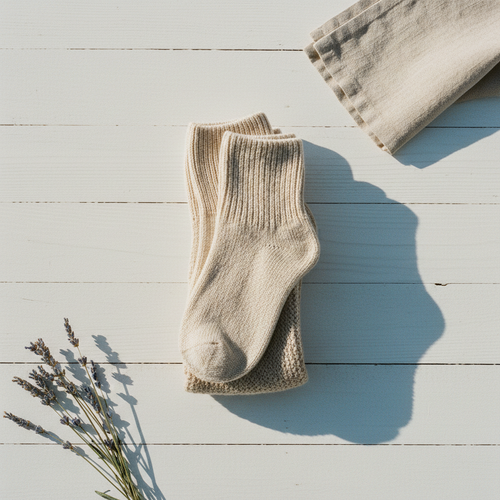Cotton-Coolmax oat sock three-pack flat lay on sun-bleached wood