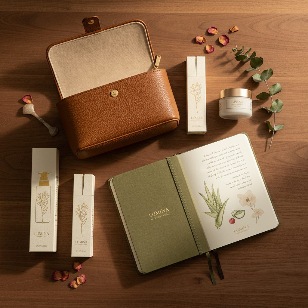 Flat lay of four sleeves, leather travel case and illustrated journal