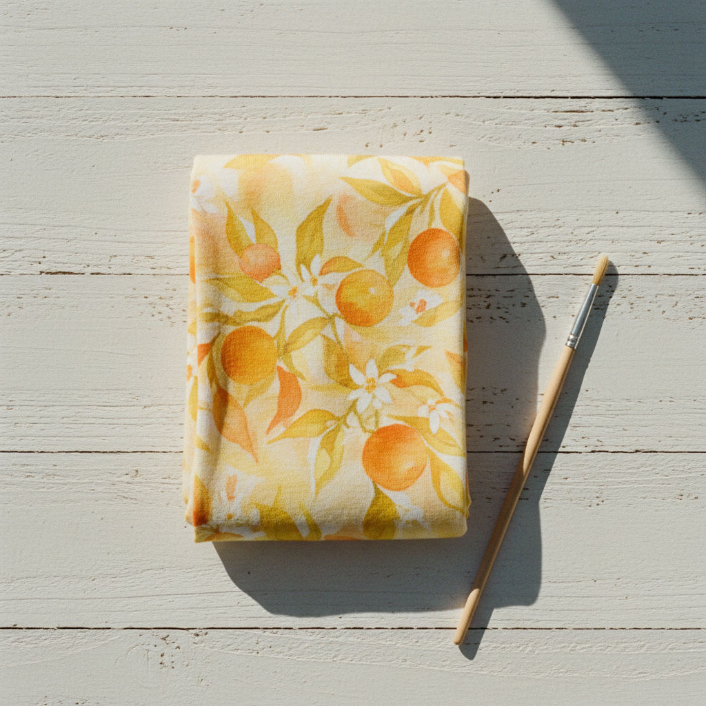 Tangerine Grove hand-painted prosthesis cover sleeve flat lay
