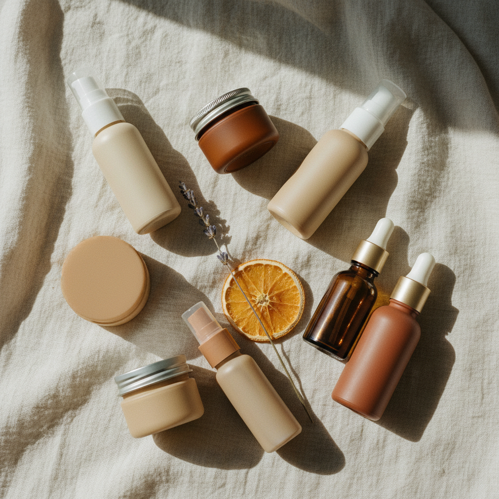 Close-up of travel skincare bottles on linen with citrus and lavender