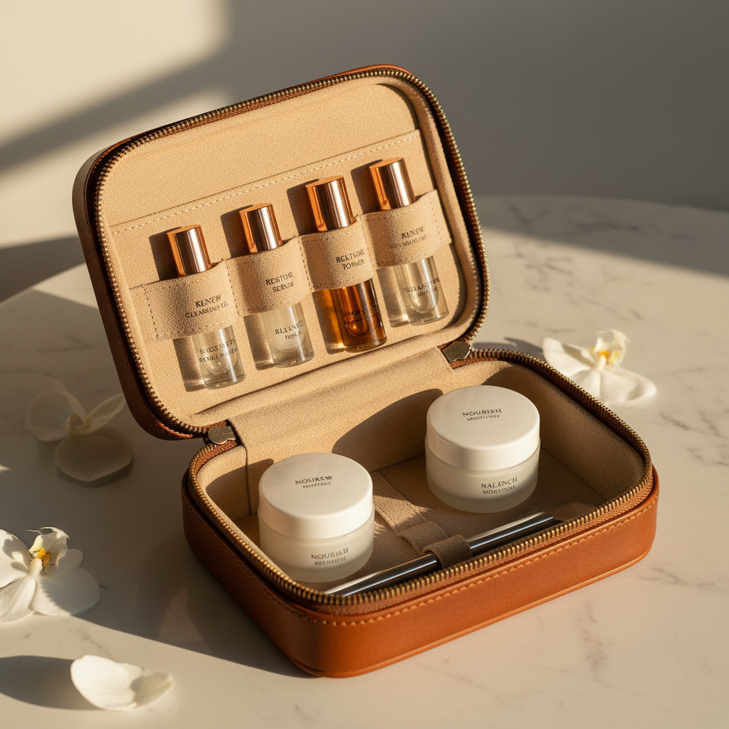 Sunshine Travel Kit organized inside leather travel case