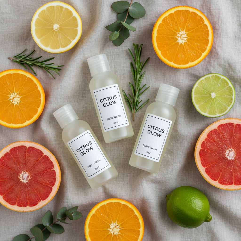Flat lay of Citrus Grove Limb Wash travel bottles on linen background