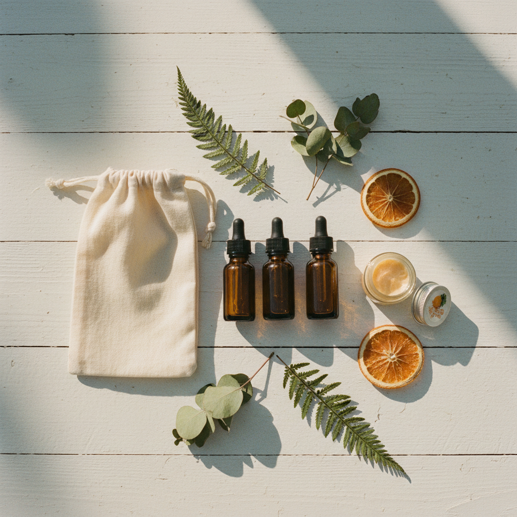Sunshine Travel Kit flat lay on sun-bleached wood with botanicals