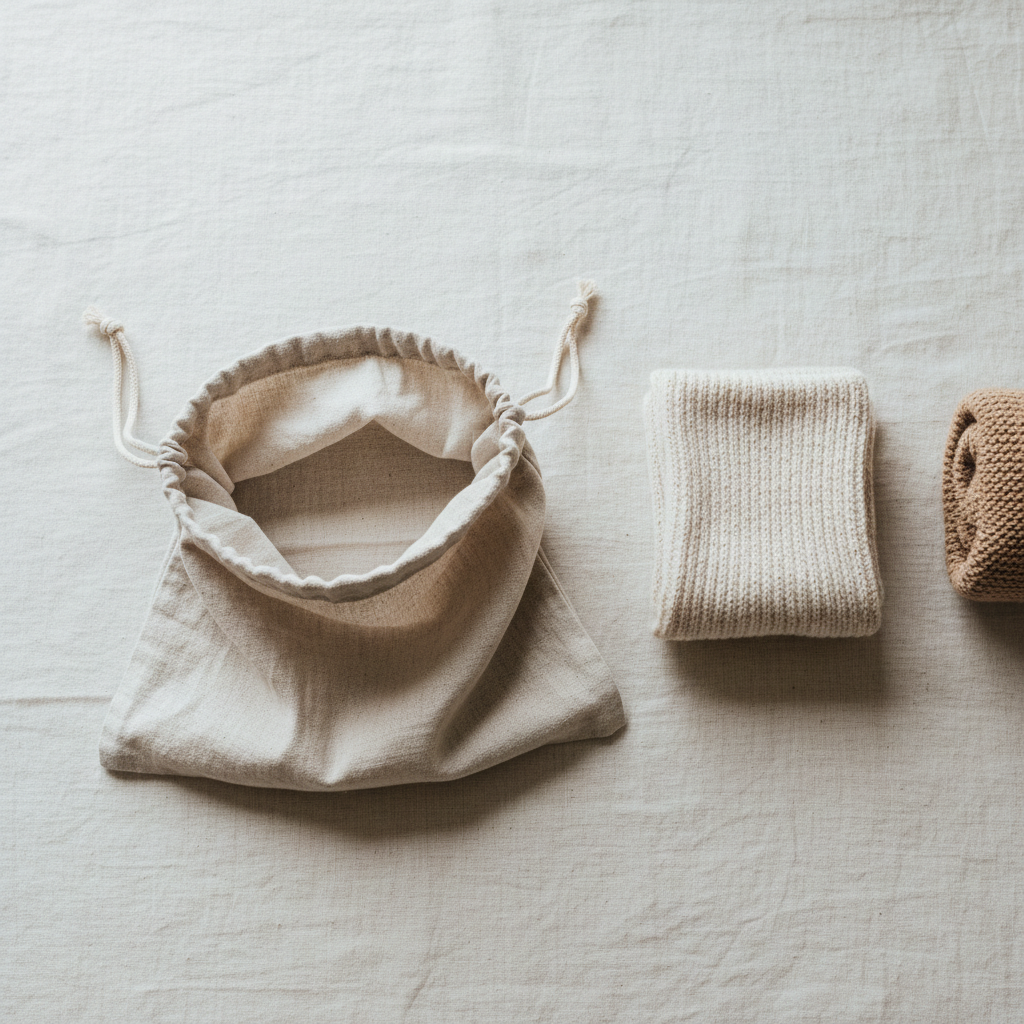Open linen pouch with folded socks and sleeve flat lay