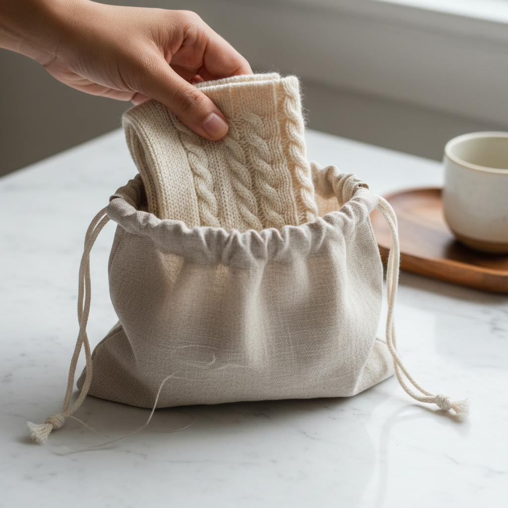 Hand placing knit sock into linen drawstring pouch