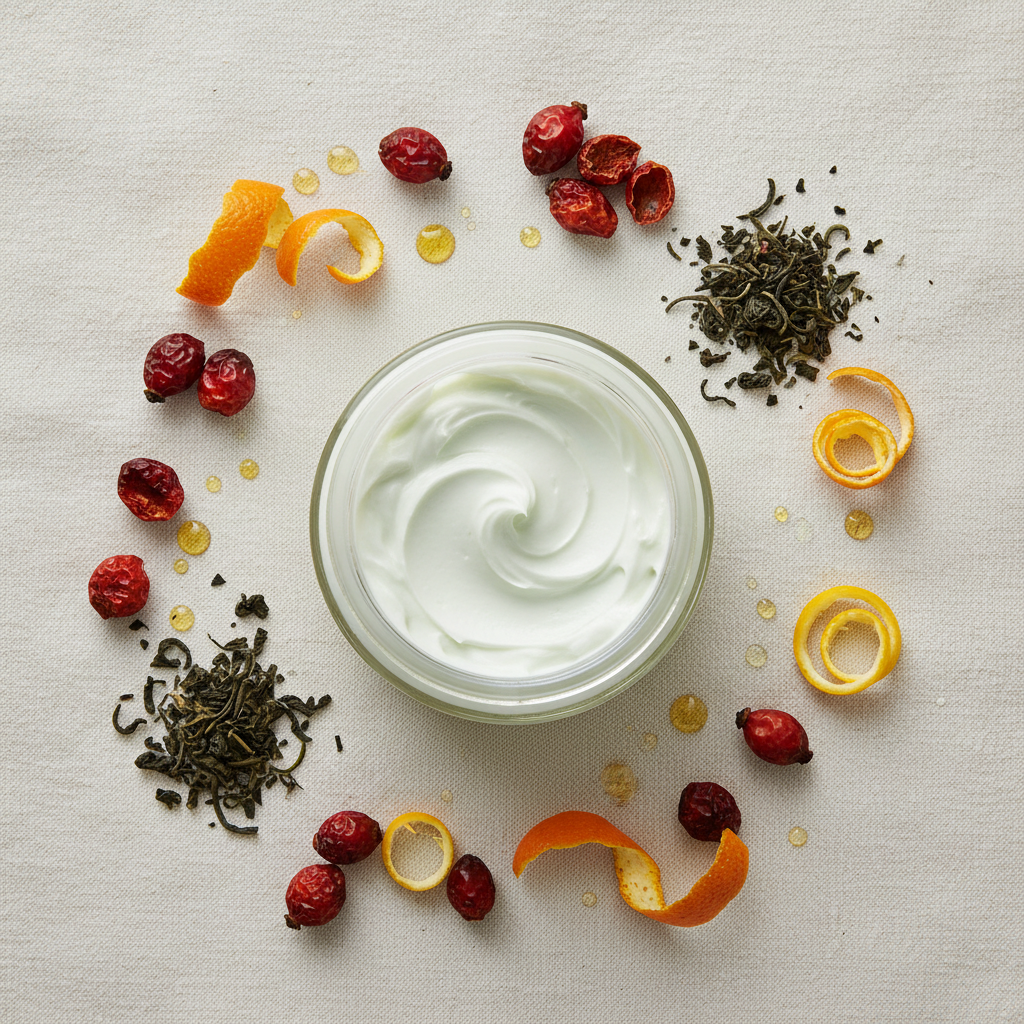 Flat lay of antioxidant cream with natural ingredients