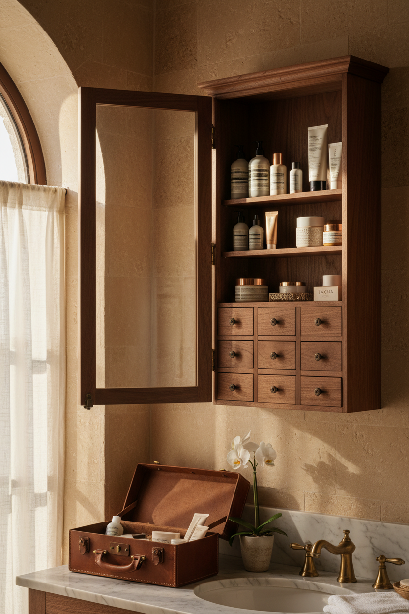 Heritage Cabinet mounted in styled bathroom with morning light