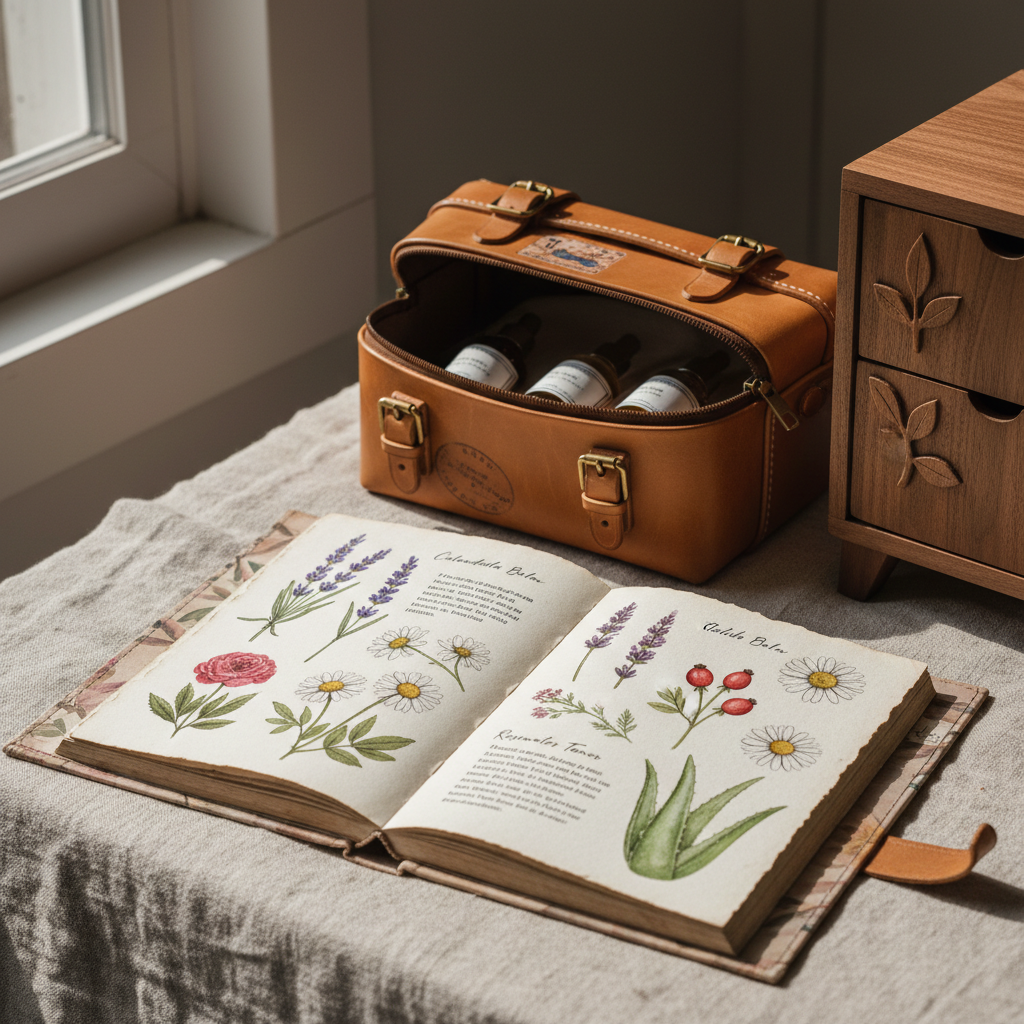 Hand-bound illustrated journal and leather travel case detail