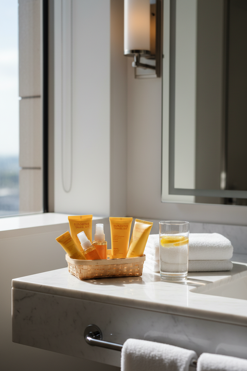 Sunshine Travel Kit on hotel bathroom vanity with morning light