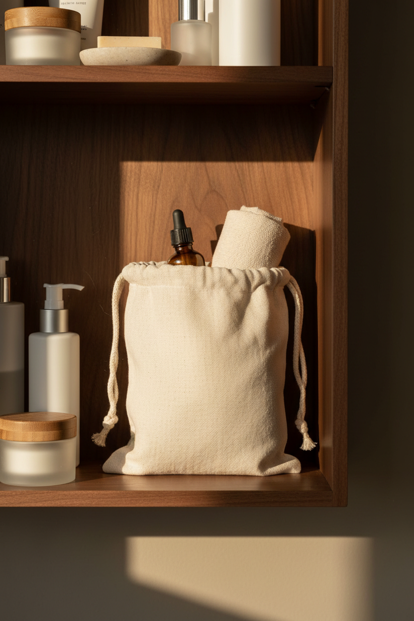 Linen pouch inside open walnut Heritage Cabinet