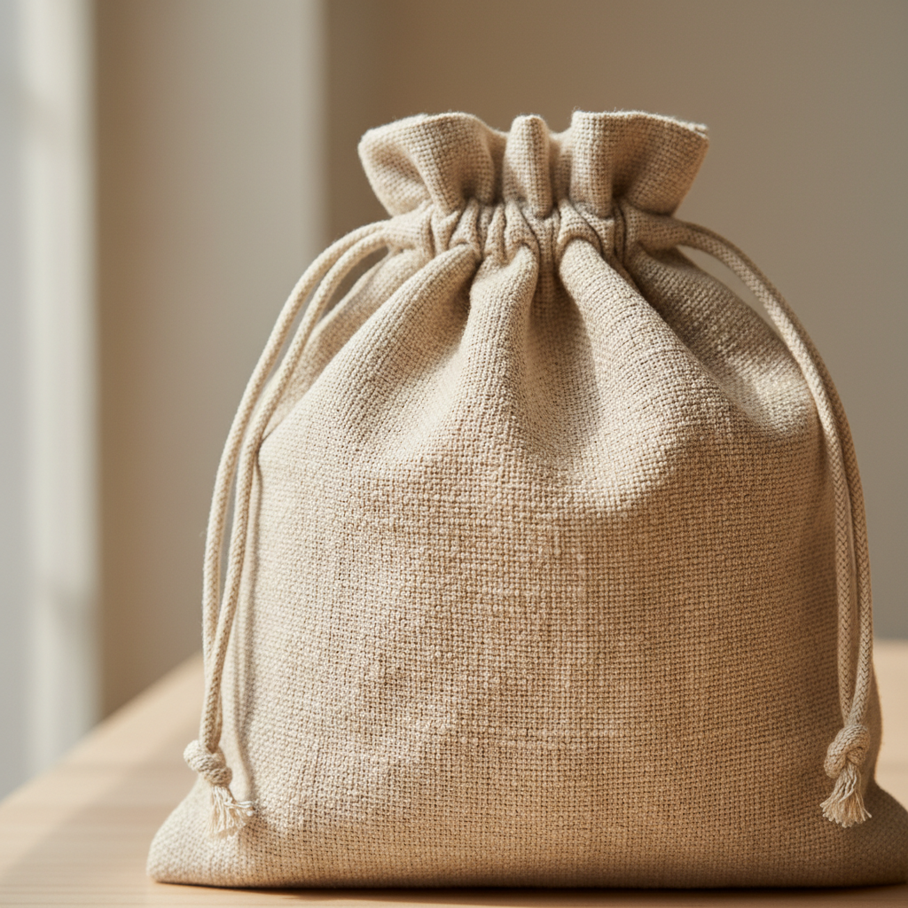 Close-up of natural linen drawstring pouch texture