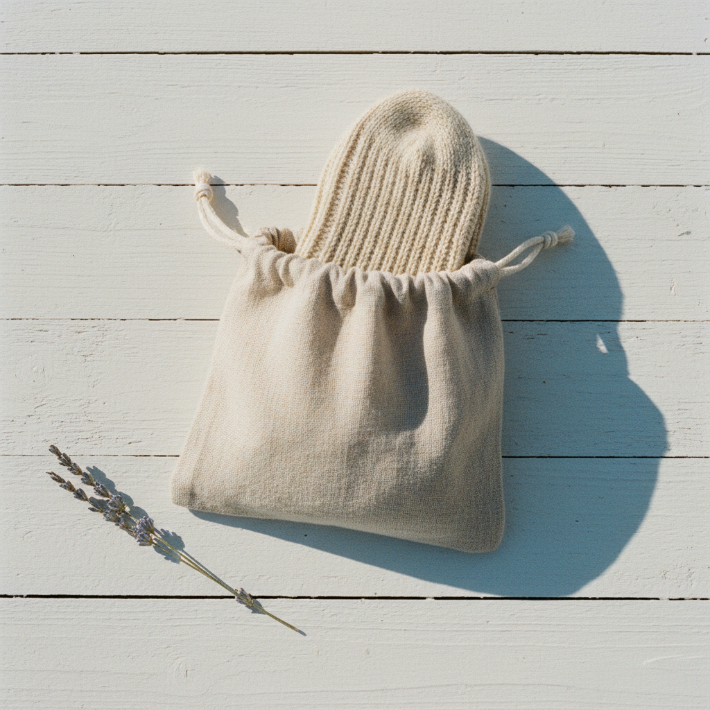 Linen drawstring pouch flat lay with oat sock on sun-bleached wood